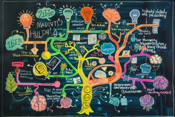 Chalkboard drawing illustrating a tree with interconnected ideas and items, offering a diverse visual representation, A colorful mind map linking different ideas and concepts together