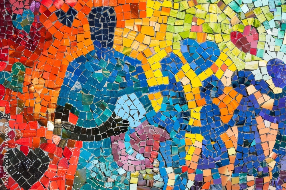 Poster mosaic representing various people holding hands in unity and support, a colorful mosaic showing all