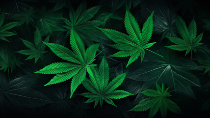 cannabis leaves on dark background. top view with copy space. marijuana leaves. hemp plant.