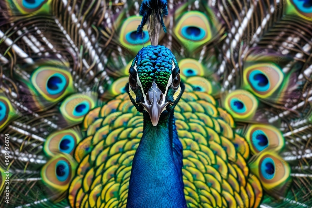 Poster a close up of a peacock with its vibrant feathers spread out in a dazzling display of colors, a colo