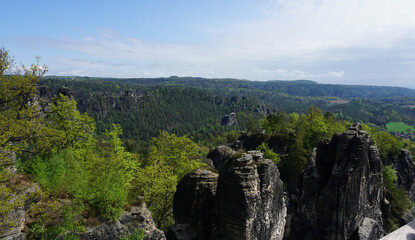 Beautiful summer view of Elbe river from Bastei view pont. Colorful morning scene of Saxon Switzerland national park, Germany, Europe.