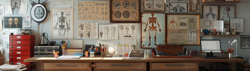 Medical Illustrator's Studio Wall: Displaying medical illustrations, anatomy reference books, and a board with medical illustration commissions
