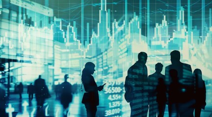 A group of business people in silhouette with stock market charts and graphs on background, double exposure photography, light blue color theme, blurred effect Generative AI