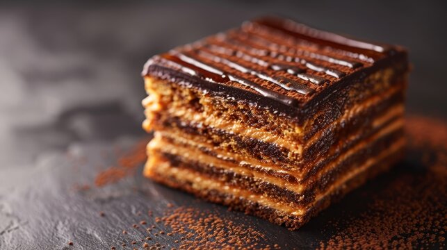   A stack of cake slices atop a chocolaty table, dusted with powdered sugar