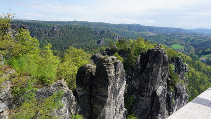 Beautiful summer view of Elbe river from Bastei view pont. Colorful morning scene of Saxon Switzerland national park, Germany, Europe.