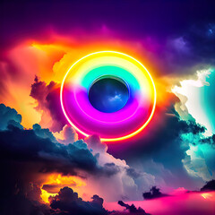 3d render, colorful neon ring glowing inside a thundercloud on a dark sky, abstract background,