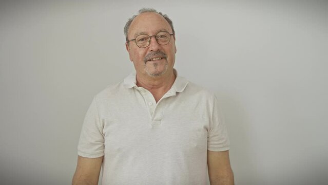 Handsome middle age man standing, wearing glasses with a confident, cool smile on his face. this lucky adult embodies happiness on a pristine, isolated white background.