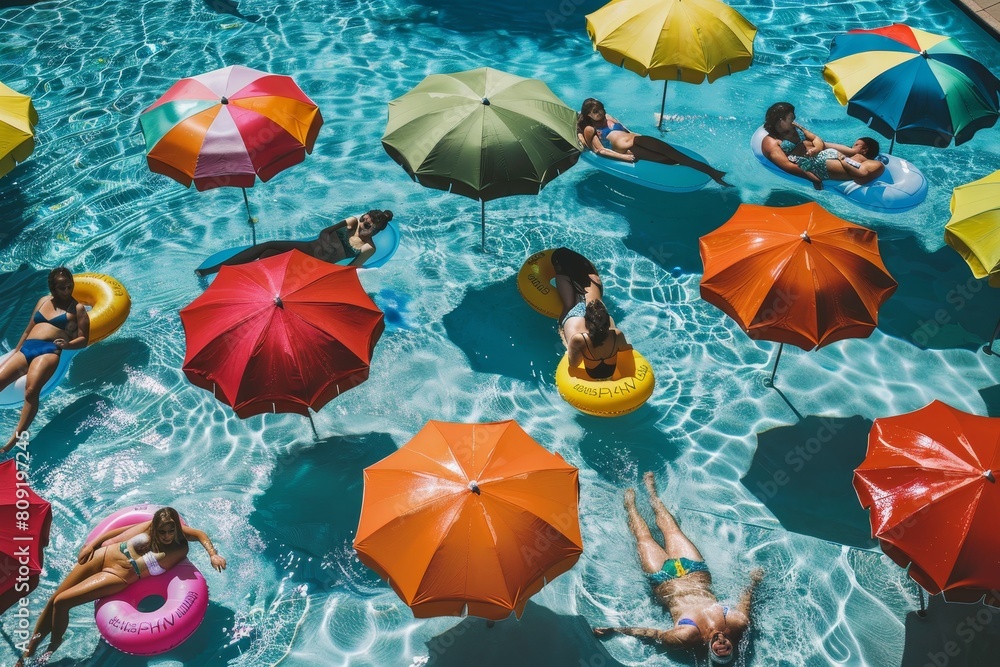 Poster group of people floating on pool lounging floaties under umbrellas, a colorful poolside scene with l