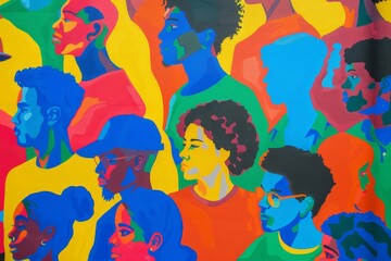 A painting featuring a variety of people in colorful attire, showcasing diversity through vivid hues, A colorful representation of the diverse student body on campus