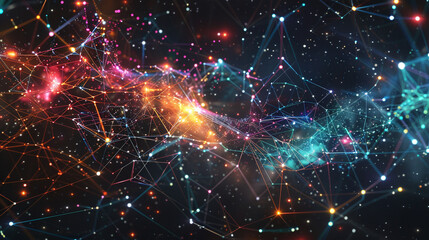 Obraz premium A digital galaxy with stars connected by multicolored plexus strands in a dark space.