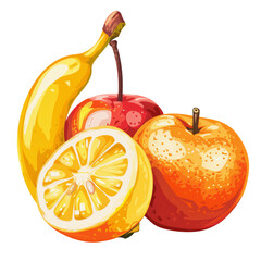 A vector illustration of a vibrant apple, banana, and orange set, each rendered in high resolution and isolated on a white background