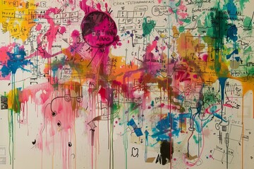 Fototapeta premium A painting displaying a variety of colors covering the canvas in a vibrant and lively manner, A colorful whiteboard covered in equations and doodles