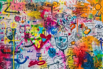 A painting featuring a plethora of different colors in various patterns and shapes, A colorful whiteboard covered in equations and doodles