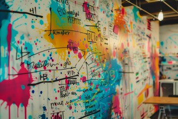 A wall splattered with a variety of vibrant colors of paint, A colorful whiteboard covered in equations and doodles