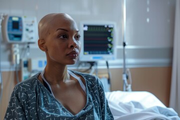 African american woman in bed suffering from cancer. Cancer patient receiving chemotherapy treatment in hospital. Oncology patient battling with tumor. World cancer day. Healthcare and medical concept