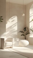 Serene and Sophisticated Modern Minimalist Interior with Natural Lighting and Geometric Accents