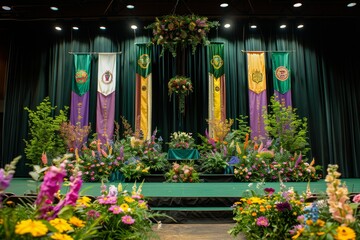 A stage decorated with vibrant flowers and colorful banners for a commencement ceremony, A commencement stage adorned with colorful flowers and banners