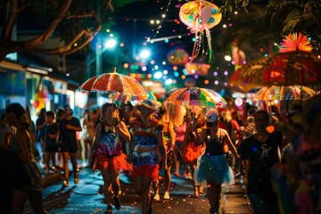 A group of individuals walking together down a street, each holding an umbrella, A community coming together for a festive parade
