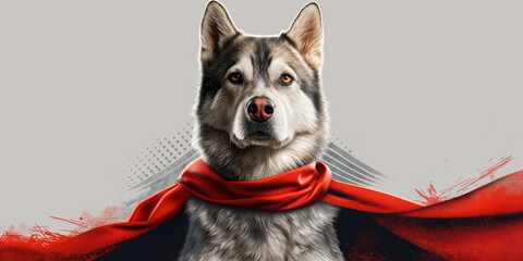 A brave and strong superhero dog wears a red cape.