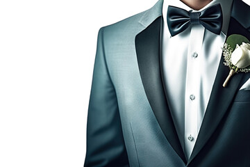Elegance Unveiled Groom in Tuxedo and Bow Tie, Captivating the Essence of Style. on transparent background