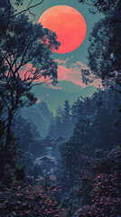 Fototapeta premium Hidden village under a giant crimson moon - A serene image of a secluded village surrounded by dense forestry and a large crimson moon casting a soft glow over the scene
