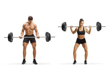 Male and female bodybuilders doing weight training