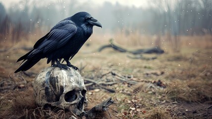 Naklejka premium Raven perched on a human skull in forest - Eerie image of a raven sitting atop a human skull amidst misty forest ground, symbolizing death and mysticism