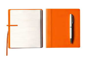 Vibrant Orange Notebooks and Pen Set on transparent background