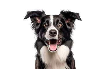 Captivating Canine Charm Head Shot of a Black and White Border Collie, Engagingly Panting and Locking Eyes with the Camera on transparent background