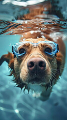 Dog swimming underwater with goggles - Playful image of a dog with goggles swimming underwater, showcasing the fun-loving nature of pets - obrazy, fototapety, plakaty