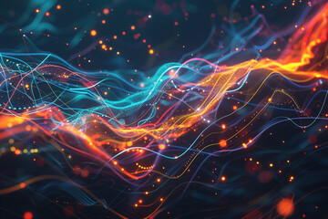 A fluid scene of digital connections represented by colorful, flowing lines in an abstract space.
