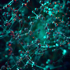 A high-tech digital universe where nodes are linked by radiant strands in shades of teal and maroon, forming an intricate web.