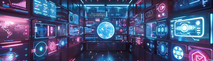 Obraz premium Virtual Reality Designer's Wall: Adorned with VR headset designs, virtual world sketches, and a shelf with VR development kits.