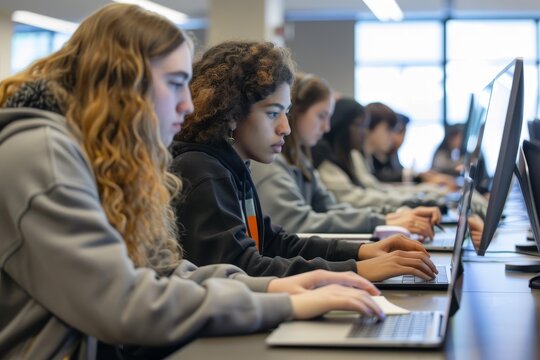 A group of individuals sitting at a table, focused on typing on their laptops, A computer lab with students typing away on laptops, immersed in their work