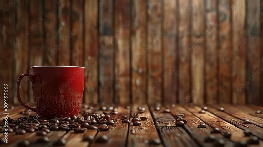 Poster a red coffee mug sits on a wooden table with a pile of coffee beans around it. concept of warmth and