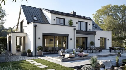 two story contemporary house in a single block, dormer windows, pitched roof with closed eaves, scandinavian style, with patio and garden 