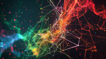 A mesh of colorful digital threads forming a complex web of abstract connections.