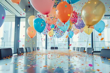 A conference room decorated with numerous colorful balloons and confetti scattered across the floor, A conference room filled with balloons and confetti, with a banner reading Congratulations!