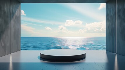 Sleek modern podium against a panoramic ocean backdrop.