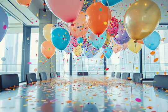 A conference room decorated with numerous colorful balloons and confetti scattered across the floor, A conference room filled with balloons and confetti, with a banner reading Congratulations!