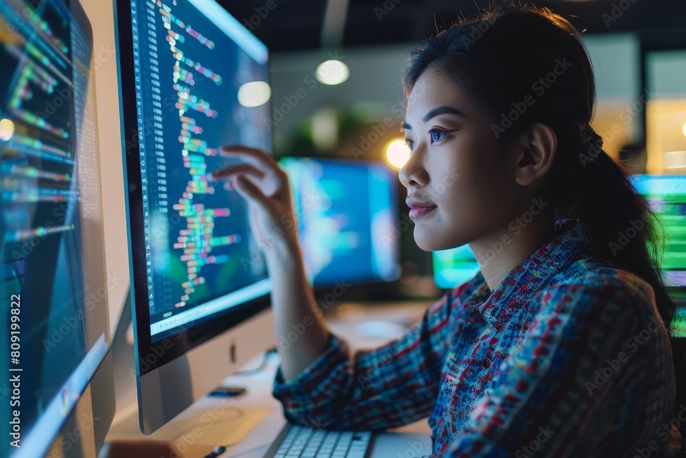 Poster a confident asian woman focused on coding and brainstorming in front of a computer screen, a confide