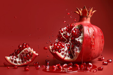 Pomegranate segment with splashing juice on red background with copy space