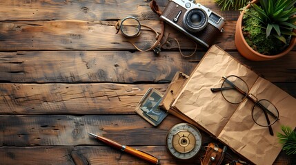 Vintage camera and notebook on wooden table - Powered by Adobe
