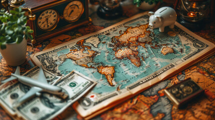 Vintage world map with money, travel essentials, and piggy bank