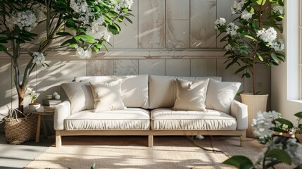 A white couch sits in front of a wall with a plant on it. The couch is surrounded by pillows and a basket. The room has a cozy and inviting atmosphere