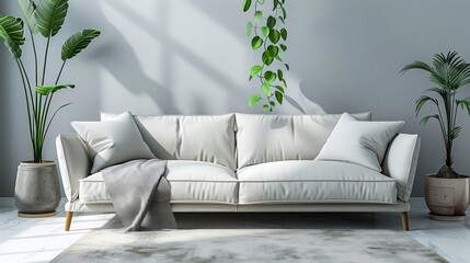 A white couch with a white blanket on it sits in front of a wall with a plant hanging from it