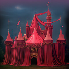 there is a large red tent with a red roof and a red curtain