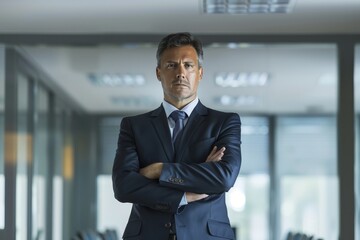 Fototapeta premium A man in a suit and tie stands confidently with his arms crossed, A confident leader making tough decisions with a calm and collected demeanor