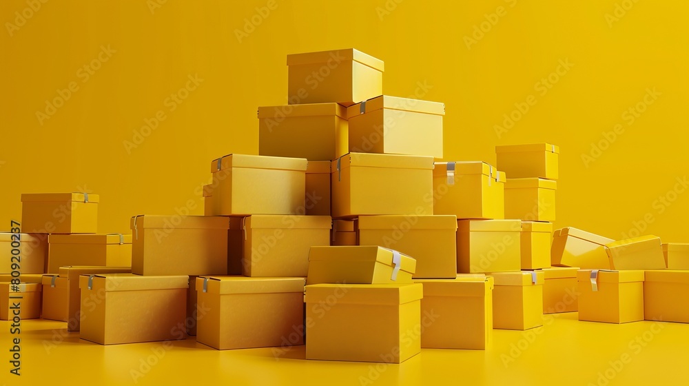 Poster 3d render illustration of closed delivery boxes stacked on top of each other, symbolizing packaged g