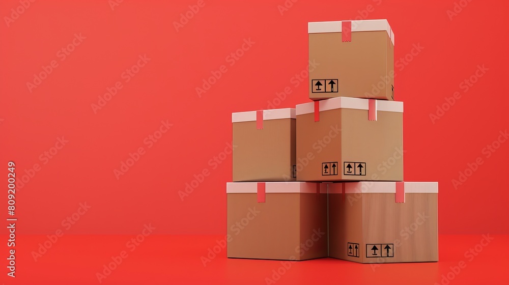 Poster 3d render illustration of closed delivery boxes stacked on top of each other, symbolizing packaged g